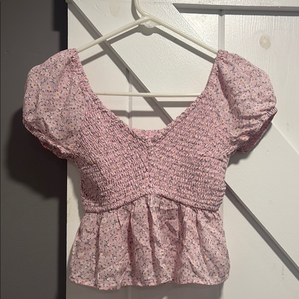 Hollister Pink Puff Sleeve Smocked Peplum Blouse with Daisy Design